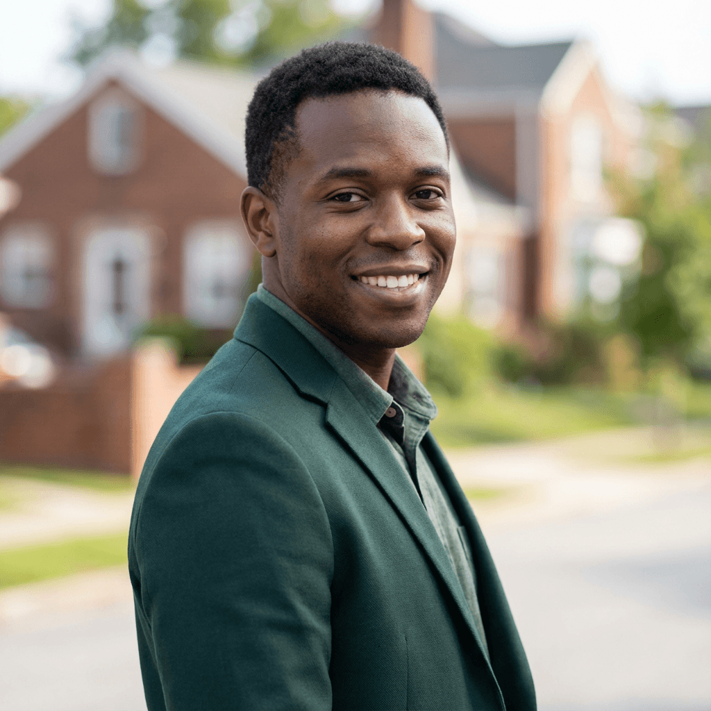Smiling Black man wearing a dark green blazer in a sunny residential neighborhood.