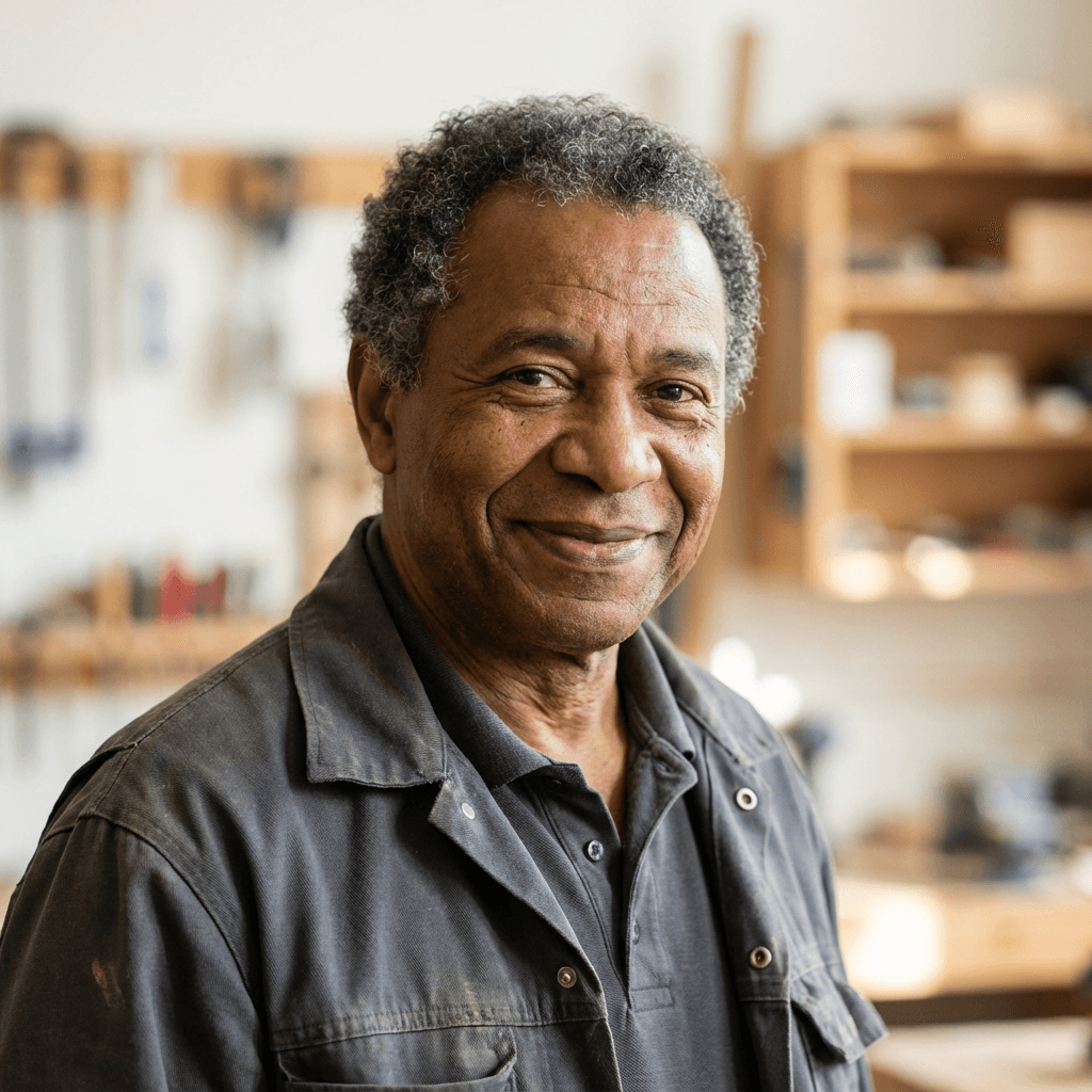 Smiling older Black man with gray hair wearing a work jacket in a blurred workshop.