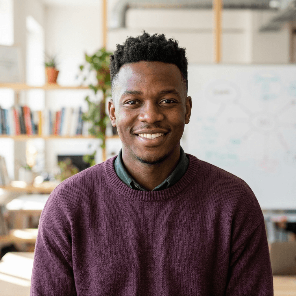 A smiling Black man wearing a purple sweater in a bright, modern office environment.