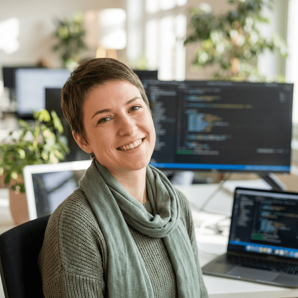 Smiling woman with short hair in a green sweater sitting before computer screens showing code.