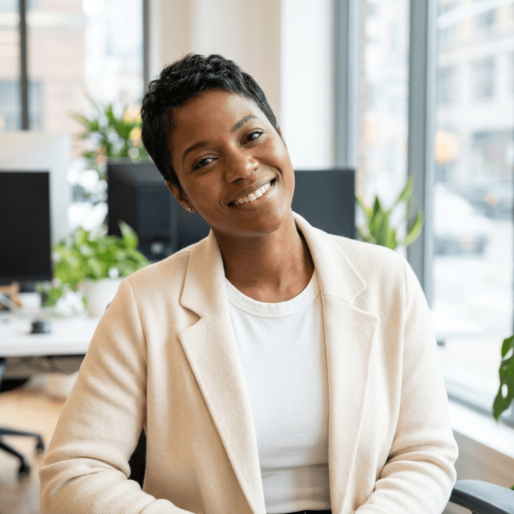 Smiling Black woman with short hair wearing a white blazer in a bright office setting.