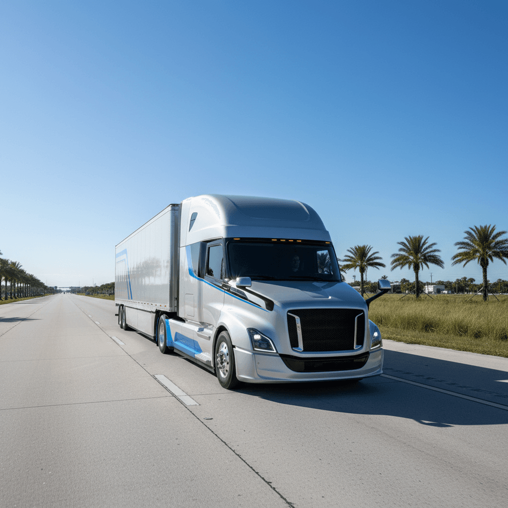 Semi truck driving on open highway in daylight