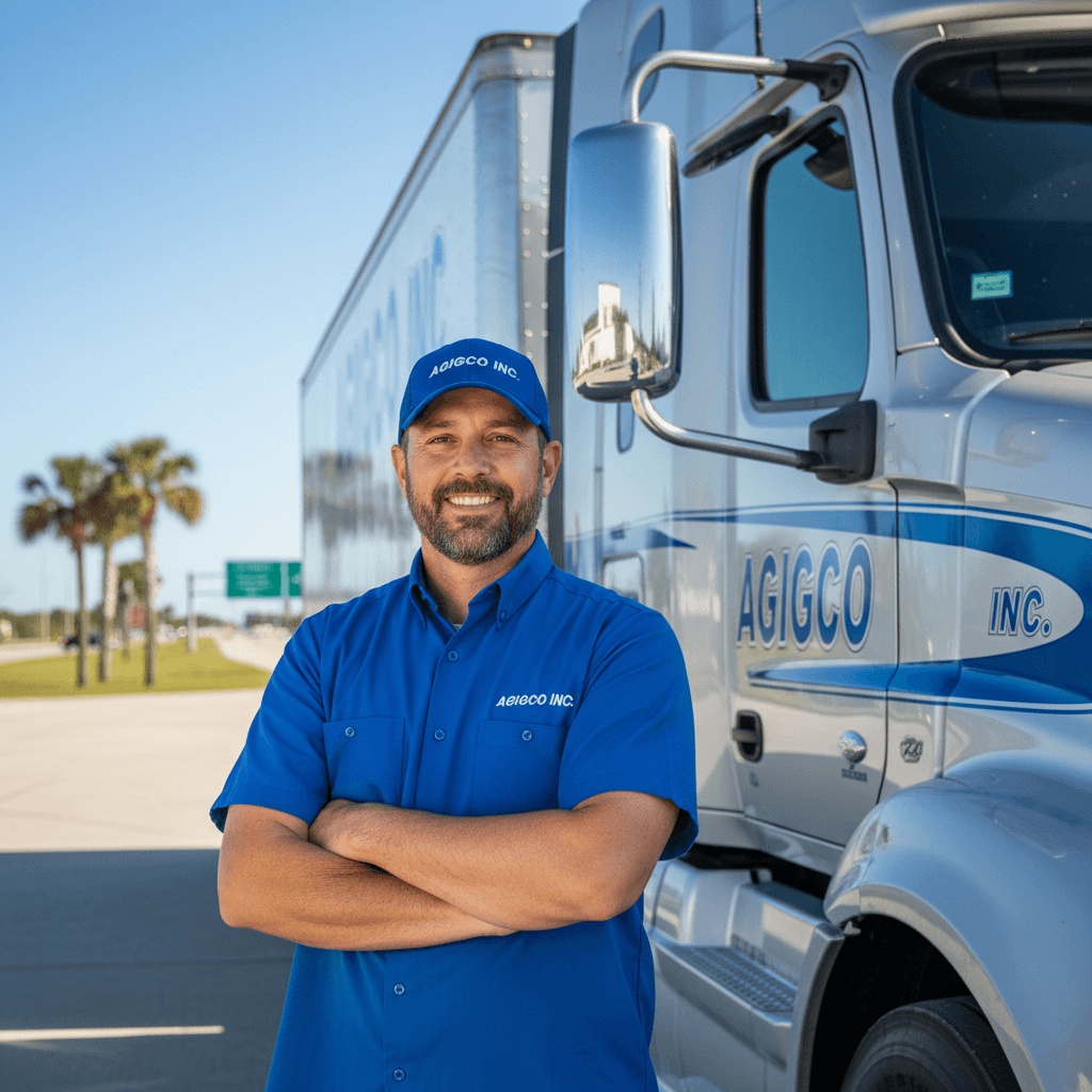 Smiling truck driver standing beside truck