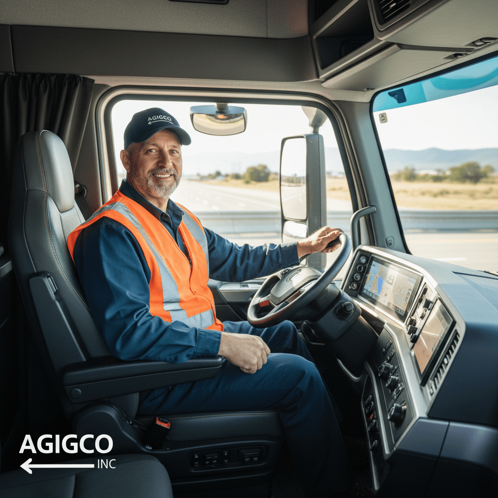 Professional truck driver in modern semi truck cab