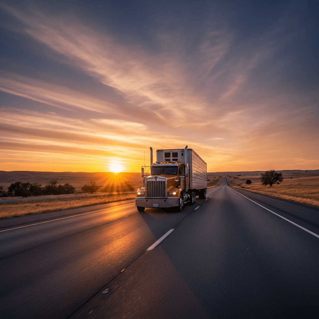 Semi truck on highway at sunset