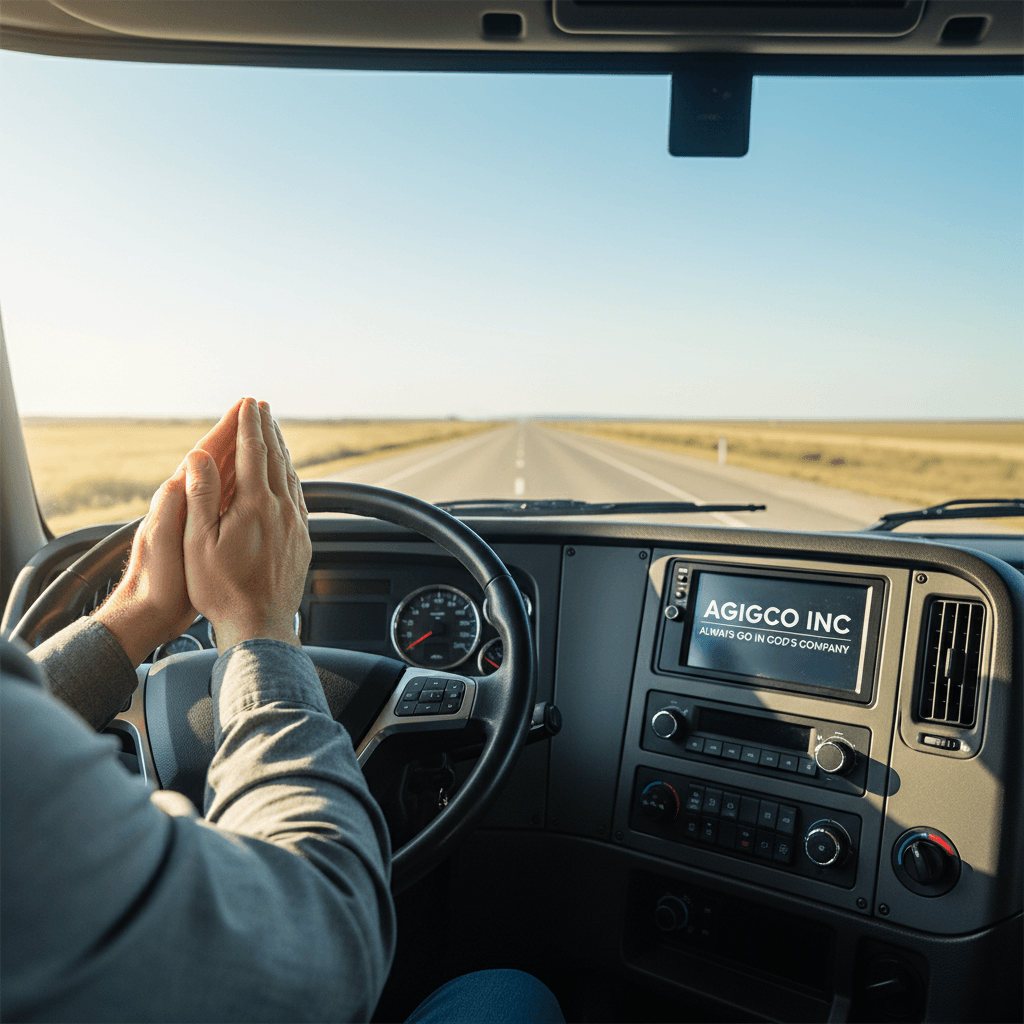 Hands clasped in prayer in front of truck windshield