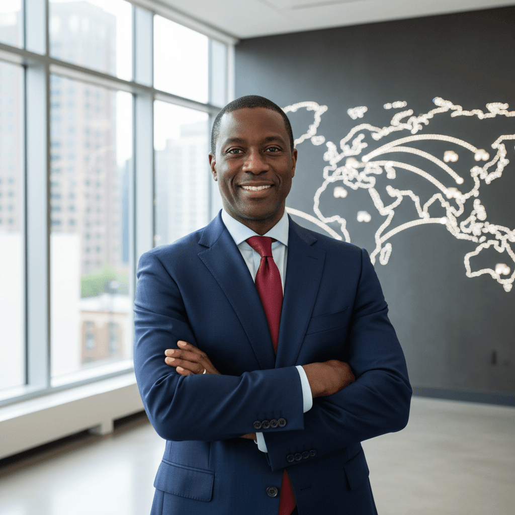 Black man in business attire, professional headshot in an office setting