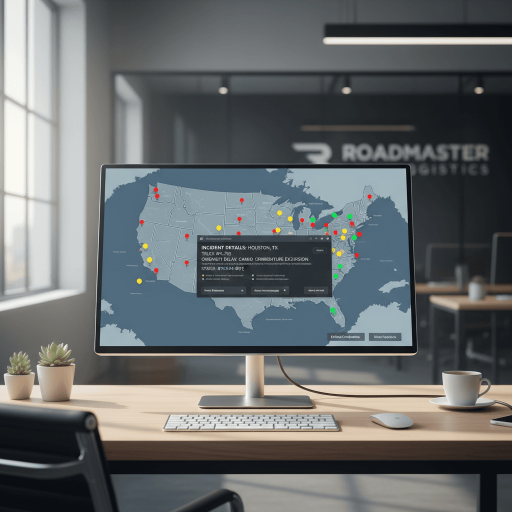 Desktop monitor displaying interactive map with color-coded complaint markers and detailed incident information popup