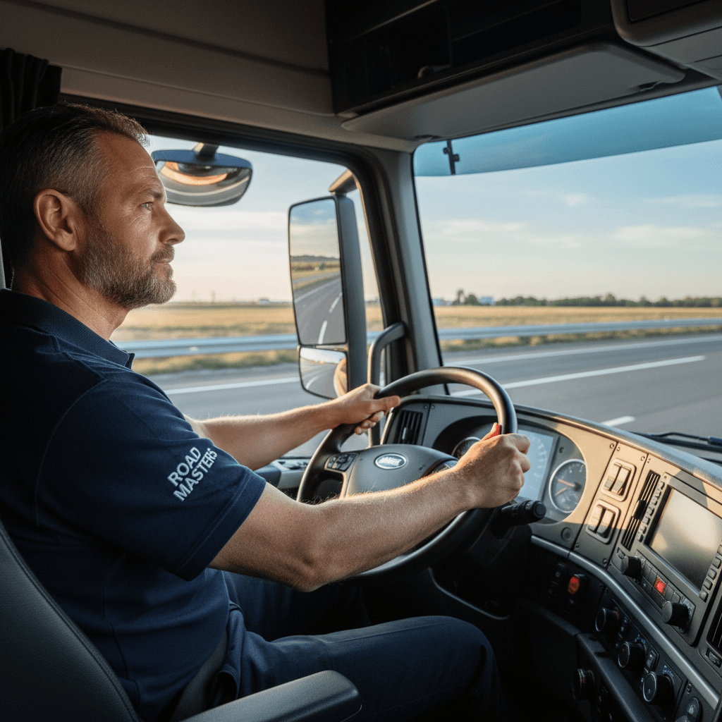 Truck driver at the wheel of a semi truck on the highway