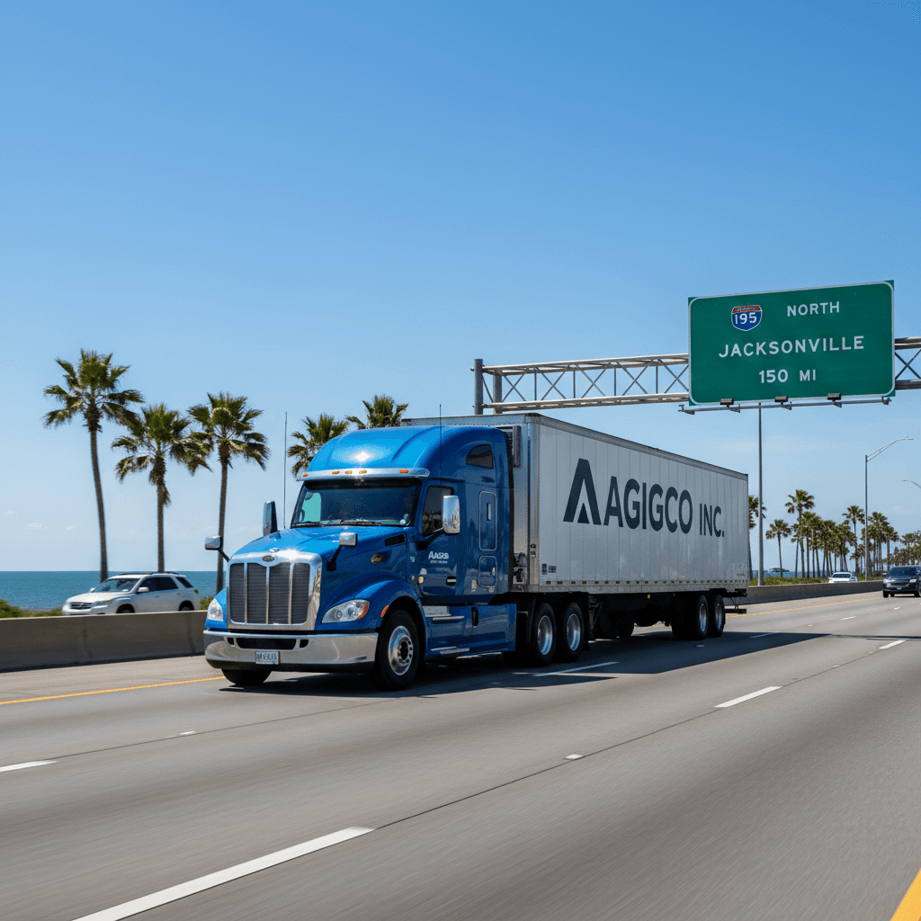 Semi truck driving on a Florida highway with a visible highway sign and palm trees