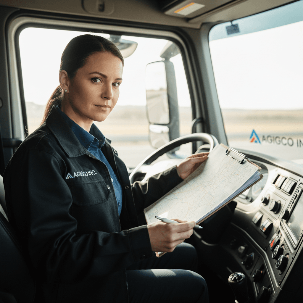 Female truck driver reviewing a route map with a clipboard inside a truck cab.
