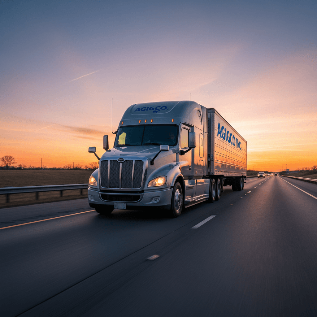 Semi truck driving on an open highway at dusk