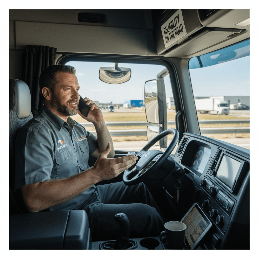 Truck driver on phone inside cab