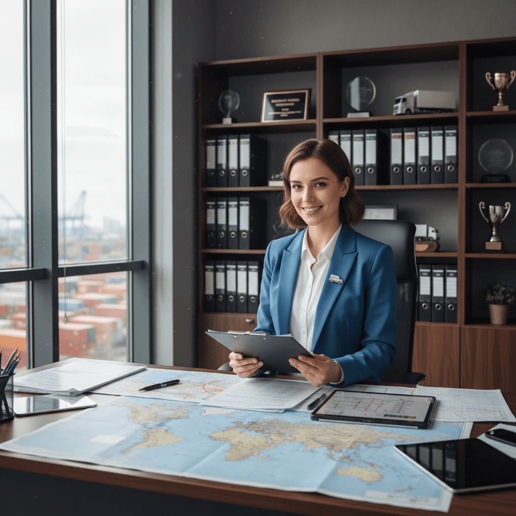 Friendly logistics coordinator with clipboard planning routes in office