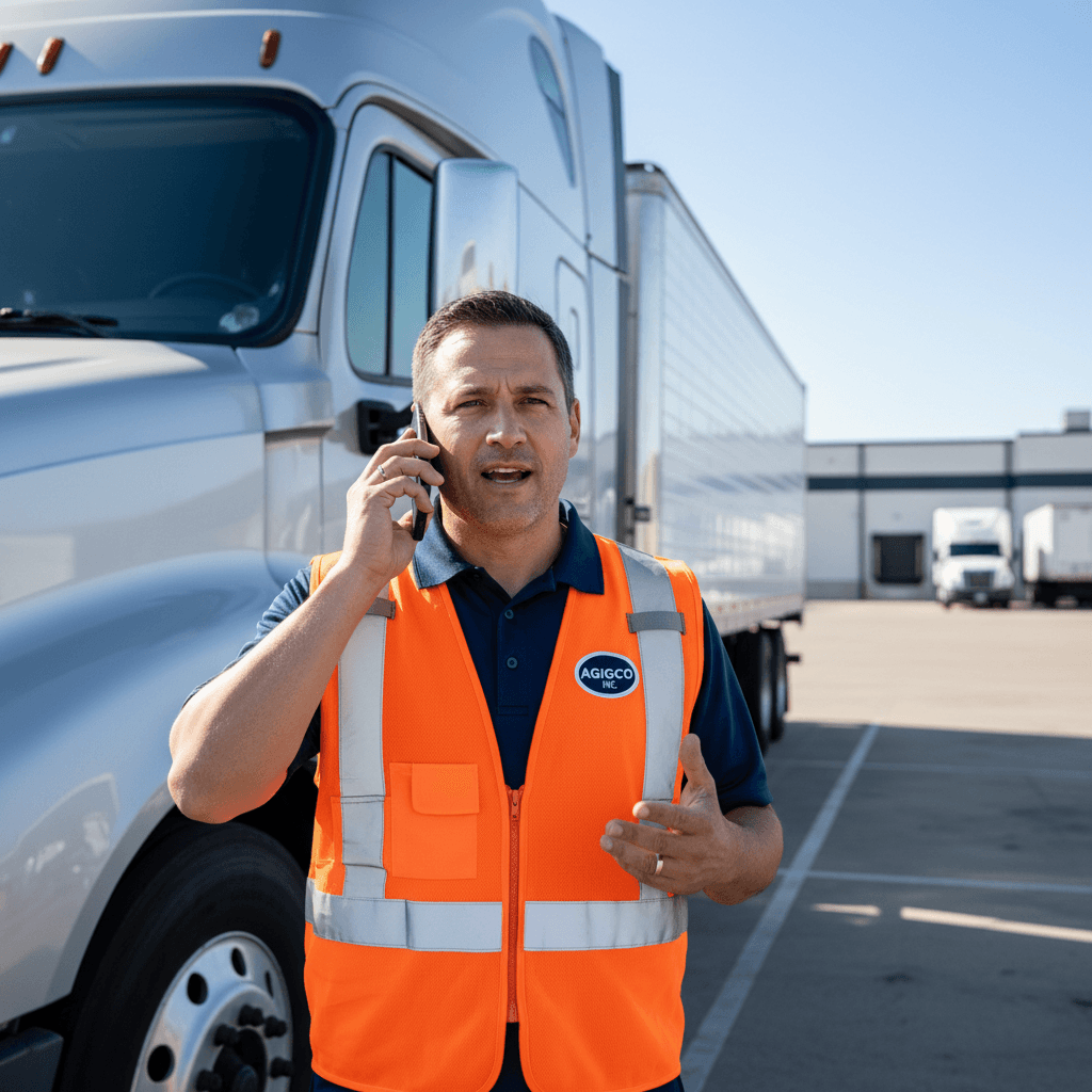 Truck driver talking on a phone beside his parked truck