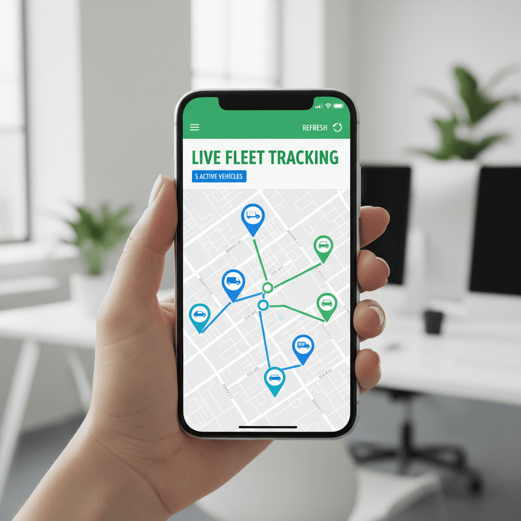 Professional holding smartphone displaying GPS tracking map with multiple location pins and vehicle icons on screen