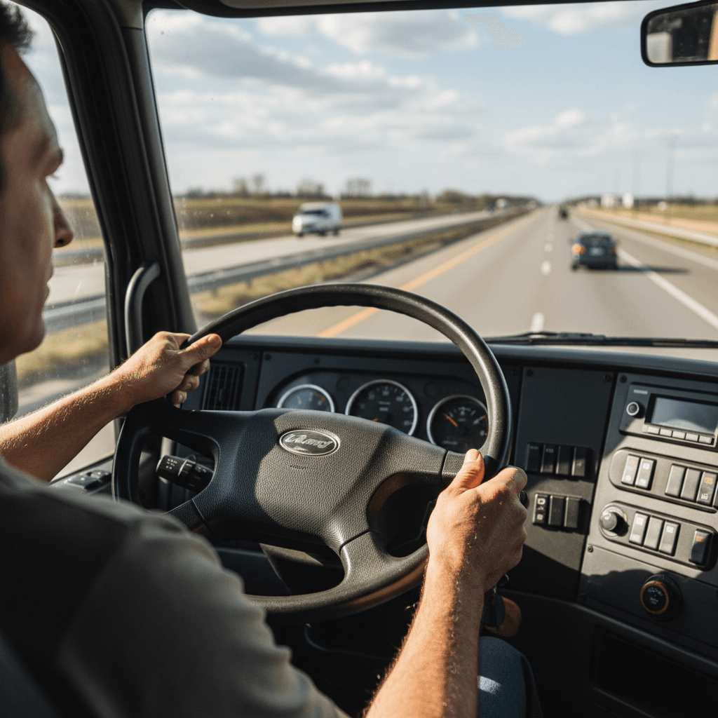 Truck driver at the wheel of a semi truck on the highway