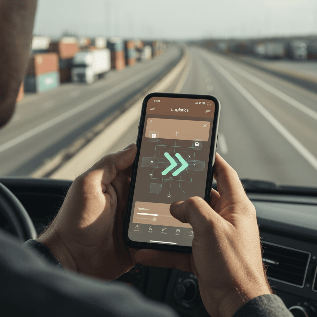 Truck driver talking on a phone beside his parked truck