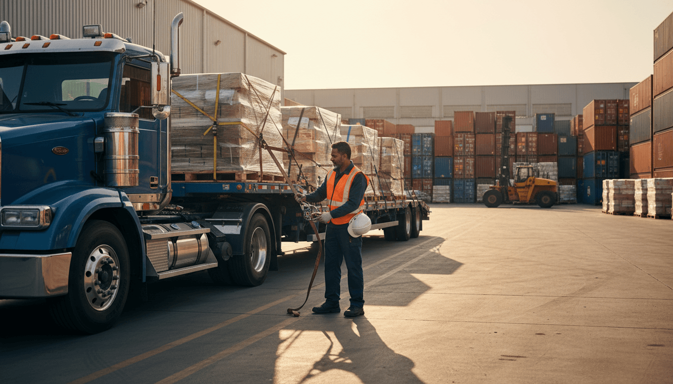 Professional truck driver checking cargo beside semi truck