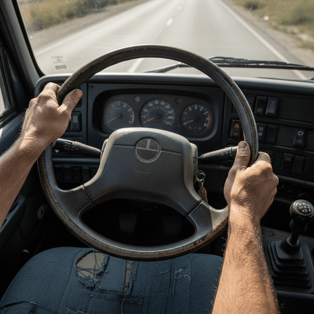 Close-up of a driver's hand on the gear shift in a truck cab