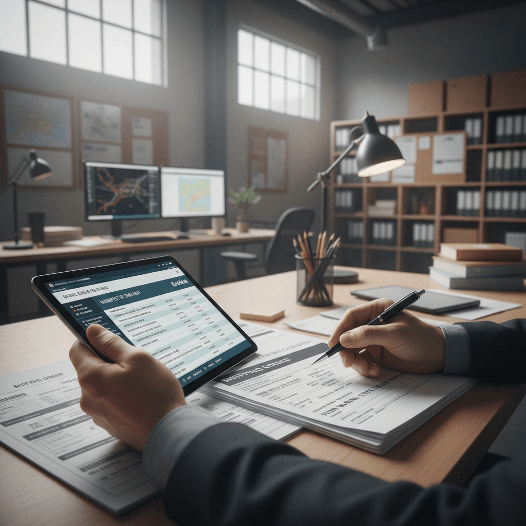 Trucking professionals reviewing papers at a desk