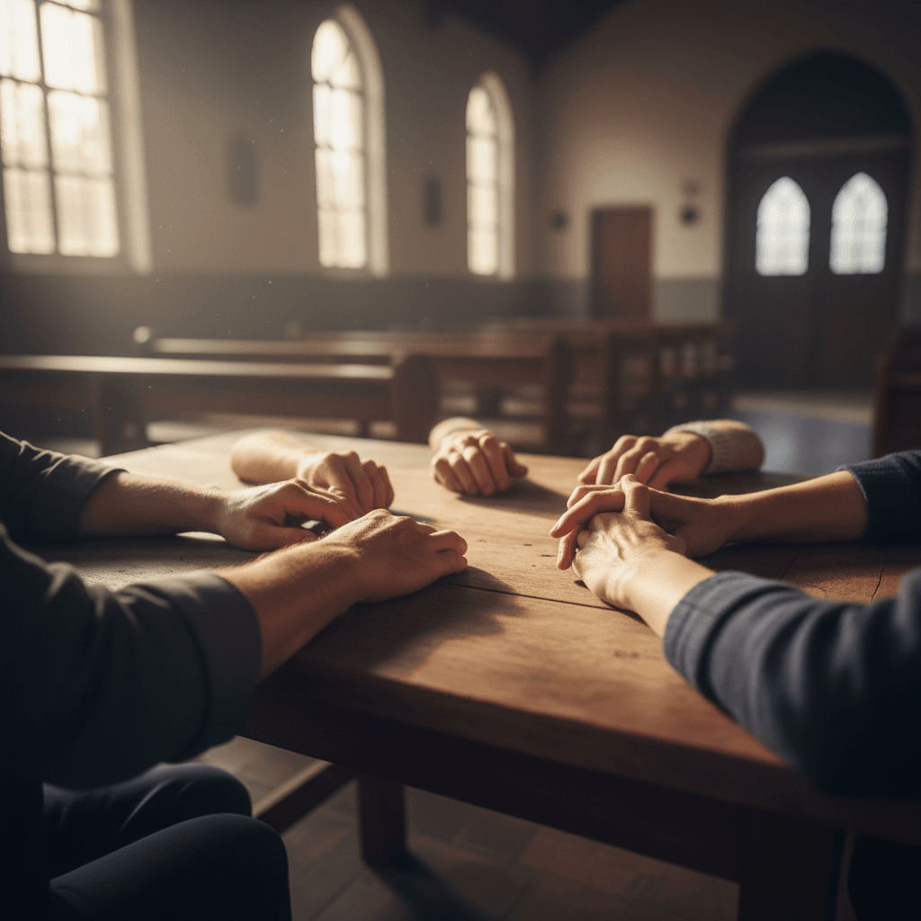Hands clasped in prayer in front of truck windshield