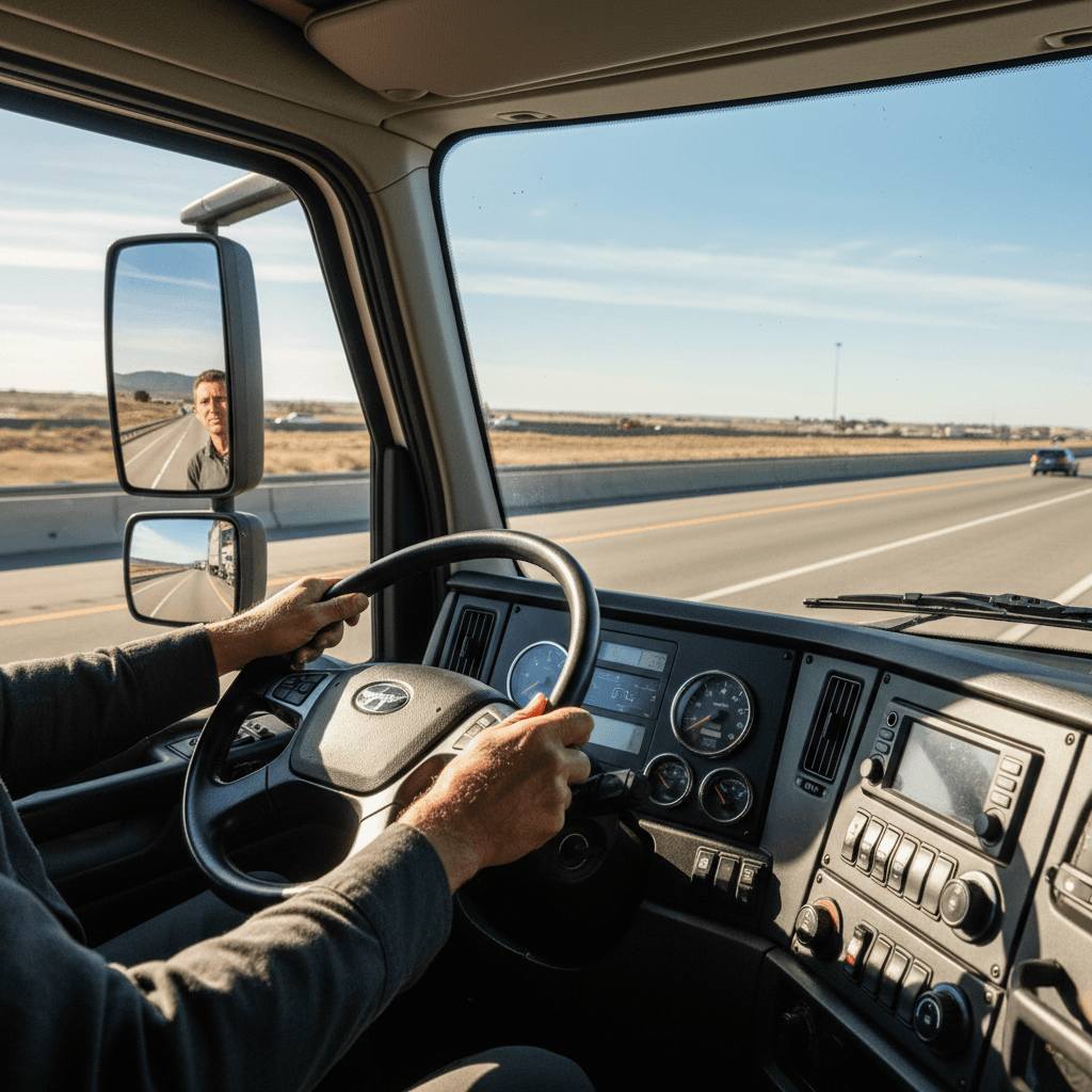 Truck driver talking on phone inside cab