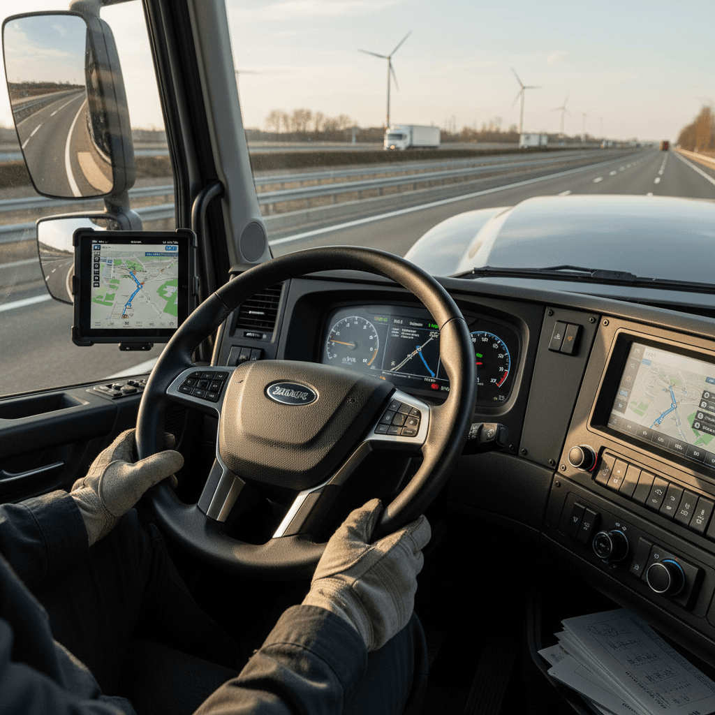 Truck driver reviewing a route map with a clipboard inside the cab