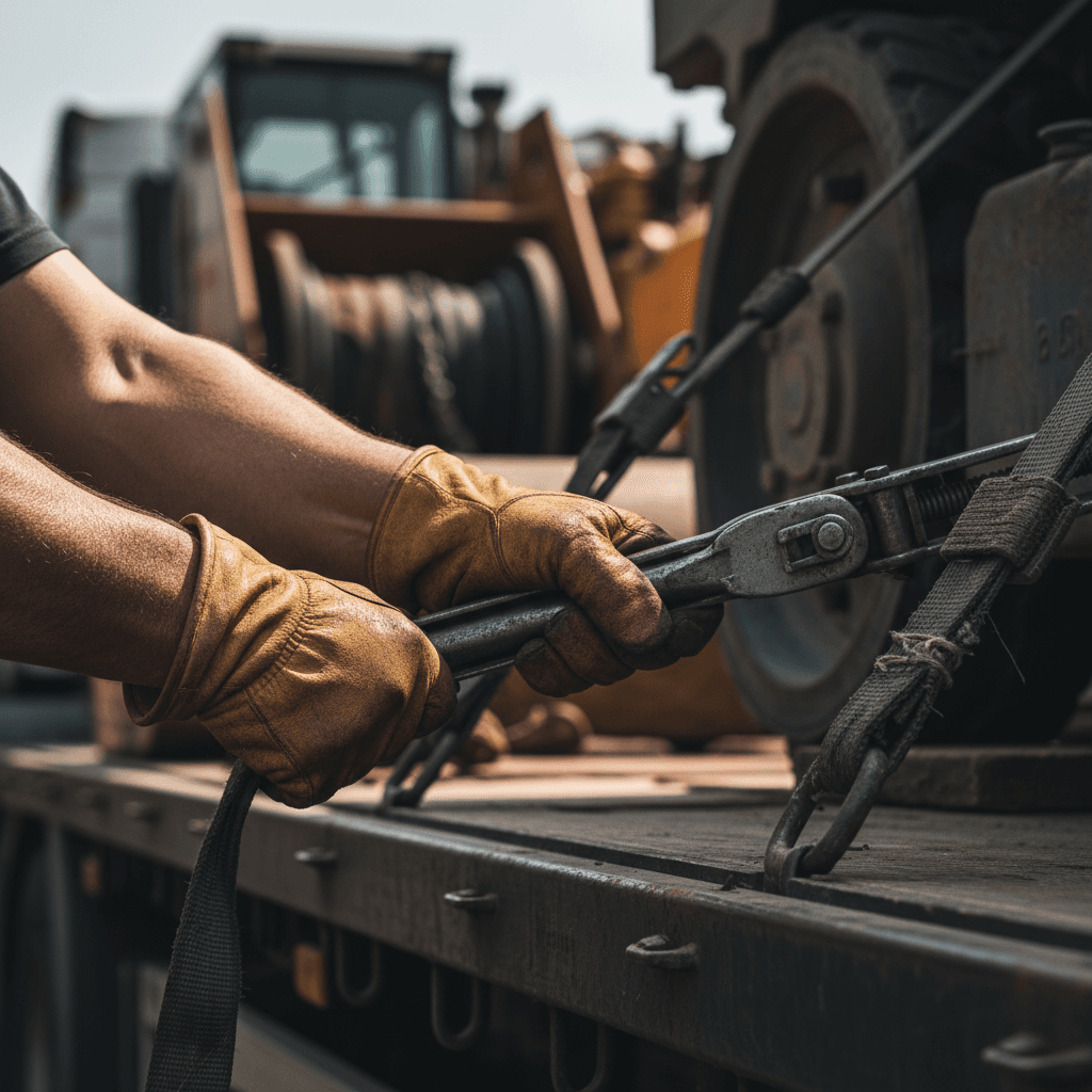 Worker securing cargo with straps on a truck trailer