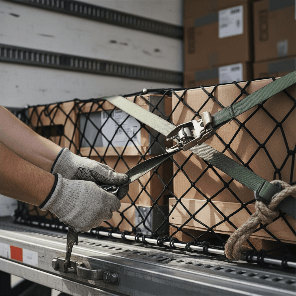 Freight secured with straps inside a semi-trailer